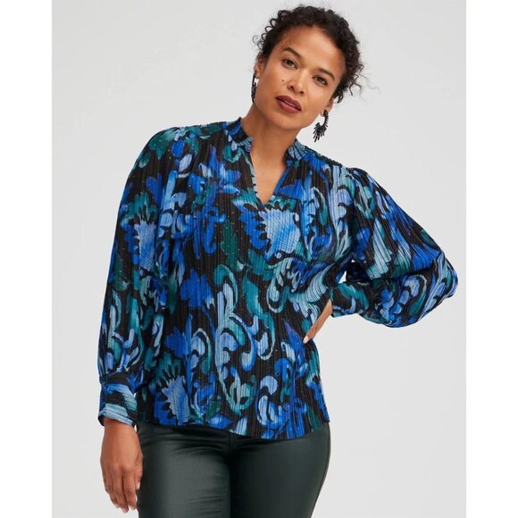 Chico's NWT Scroll Print Pleated Smocked Neck Blouse Wmn 8 Cosmic Blue SemiSheer - Picture 1 of 9